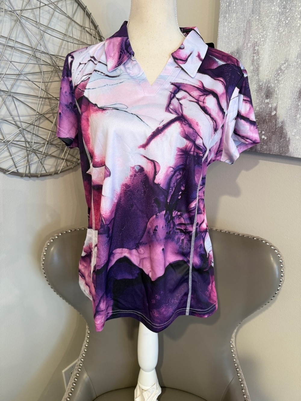 Purple Marble Print Women's Polo Top